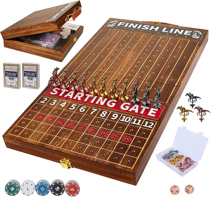 Jyquorp Horse Race Board Game, Solid Wood Foldable Racing Board with 11 Metal Horses, 2 Dice and 2 Boxes of Cards, Portable Travel Game for Family Parties and Holiday Gatherings