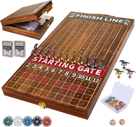 Jyquorp Horse Race Board Game, Solid Wood Foldable Racing Board with 11 Metal Horses, 2 Dice and 2 Boxes of Cards, Portable Travel Game for Family Parties and Holiday Gatherings
