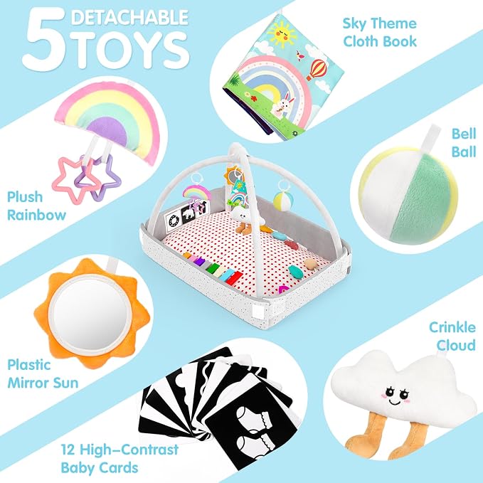 Baby Play Gym Mat Tummy Time Mat with 5 Detachable Activity Center Newborn Infant Babies Boy Girl Gifts for Babies Toys 0-3-6-12 Months Newborn Infant Babies Essentials Gift