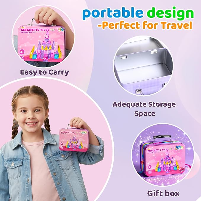 SKTMYY Travel Magnetic Tiles Set for Girls,Pink Mini Portable Magnet Toys with Iron Case,Travel Toys for Kids Ages 4-8,Ideal Toddler Birthday Valentines Day Gifts