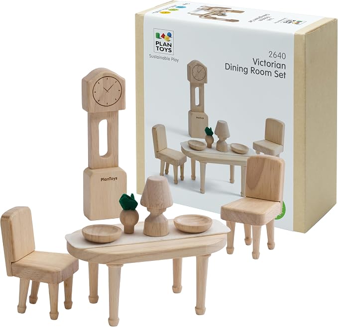 PlanToys® Wooden Victorian Dining Room Set | Montessori Dollhouse Dining Setup for Social Interaction, Mealtime Play & Imaginative Storytelling | Eco Friendly Wooden Dollhouse Dining Furniture