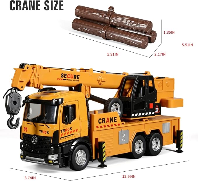 Crane Truck Toy Diecast Metal Cab Construction Truck Toys for Kids Crane Truck Boom that Can Be Raised Lowered Extended Pull Back Toy Crane with Lights and Sounds Crane Toys for Boys Age 4-7