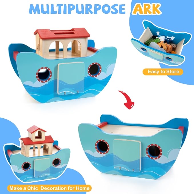 JUSTWOOD Wooden Noah's Ark Toy for Toddlers 1+ Years, Baptism Gift for Boys and Girls, Baby Montessori Educational Animal Shape Sorter Toy with Bible Story Book