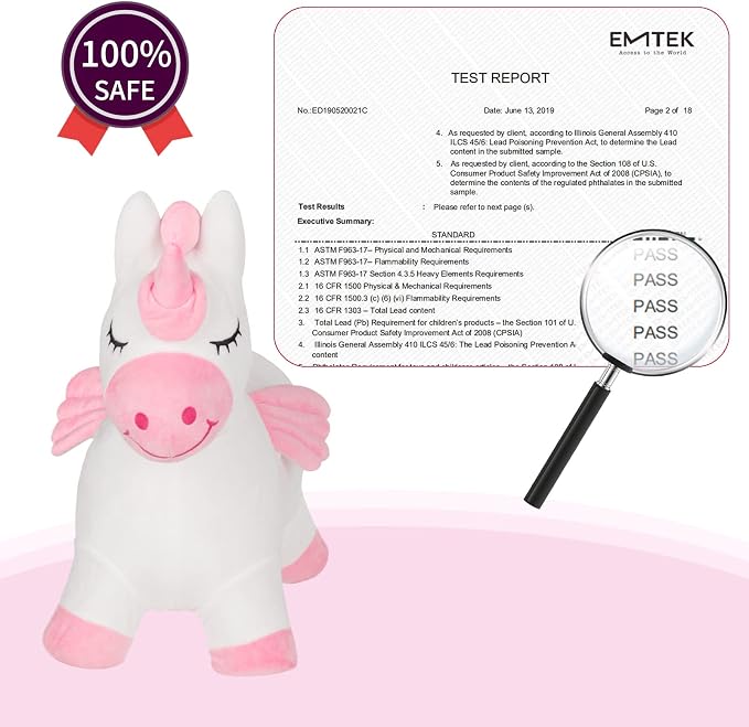INPANY Unicorn Bouncy Horse Toys, Inflatable Unicorn with Ultra Thick Plush | Soft Washable Cover, Thick PVC, Stable 4-Leg Base, Cute Unicorn, Easy Inflation, Indoor & Outdoor Play, Gifts for 2-4 Kids