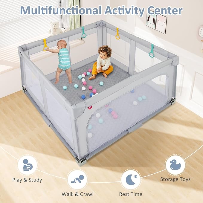 INFANS Foldable Baby Playpen with Mat, 59” x 59” Large Baby Play Yard for Infant with 50 Ocean Balls, 4 Handlers, Carry Bag, Indoor Outdoor Fence Toddler Activity Center (Gray, 59” x 59”)