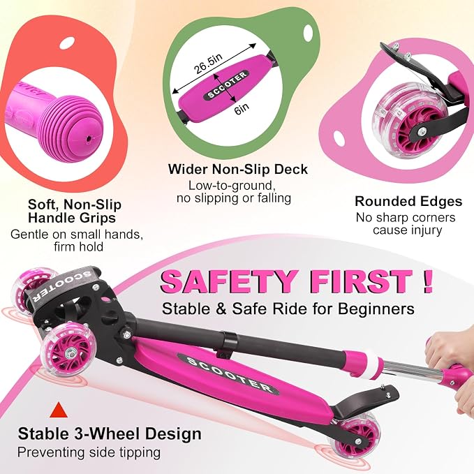 Scooters for Kids 6-8 8-12, Folding 3 Lighted Wheels Kick Scooter,3 Adjustable Height Handlebars, Lean-to-Steer,Widen Anti-Slip Deck, Heavy Duty Scooter for Boys Girls Ages 6-12,up to 170 Lbs