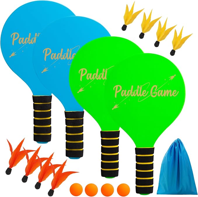 TEILLNET Paddle Ball Set, Outdoor Games for Adults and Family, Badminton Sets for Backyards Yard Game with 4 Rackets 4 Balls 8 Birdies, Beach Toys Pool Lawn Outside Park Camping Family Games Gifts
