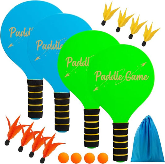 TEILLNET Paddle Ball Set, Outdoor Games for Adults and Family, Badminton Sets for Backyards Yard Game with 4 Rackets 4 Balls 8 Birdies, Beach Toys Pool Lawn Outside Park Camping Family Games Gifts