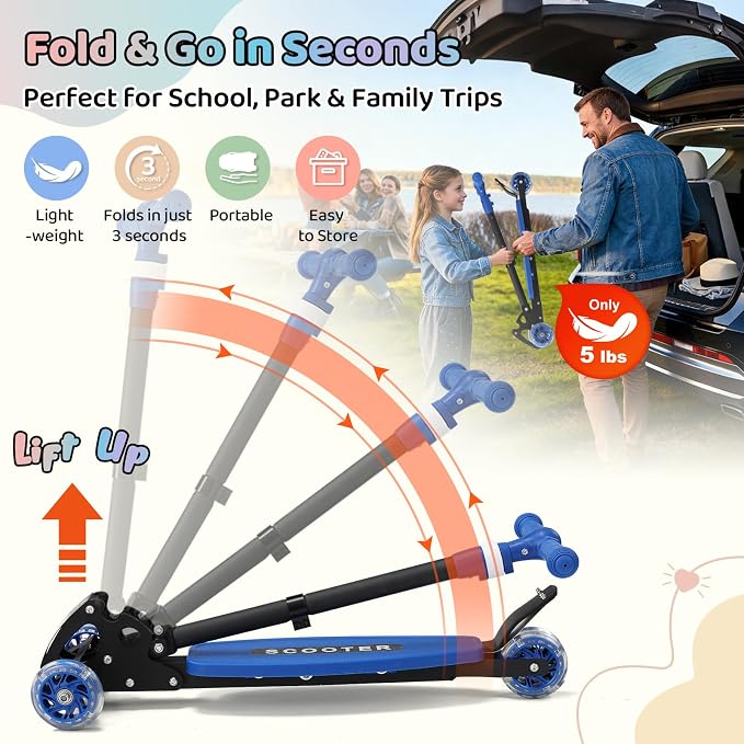 Kick Scooters for Kids 5-7 8-12,Lean to Steer,Three Wheeled Light Up,28"-32" Adjustable Handlebar,Widen Anti-Slip Deck,Floor Push Scooter for Boys Girls Ages 6-12 3-4 Old,Foldable for Travel