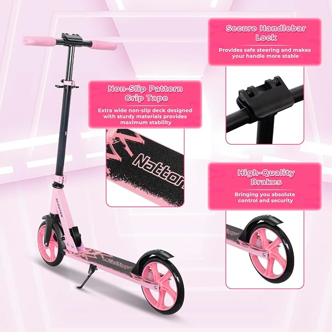 Nattork Scooter for Kids 6+, Teens and Adults- Adjustable Height Folding Kick Scooter with Large Sturdy Wheels for a Smooth Ride, Lightweight, Anti-Shock Suspension for Boys and Girls