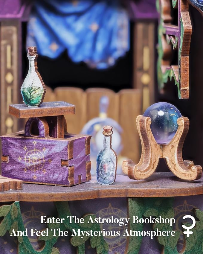 Cutefun Book Nook Kit - DIY Miniature Dollhouse Booknook Kit for Adults and Teens, 3D Wooden Puzzle Bookshelf Insert Decor with LED Light, Gifts for Book Lovers and Beginners (The Astrology Bookshop)