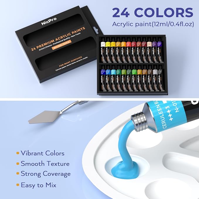 Nicpro 72PCS Kids Painting Set with Pattern Canvas, Art Painting Supplies Kit with 24 Acrylic Paints,10 Brushes, 8 Canvas Panels,Table Easel,Paper Pad,Color Wheel,Palette for Beginner Students