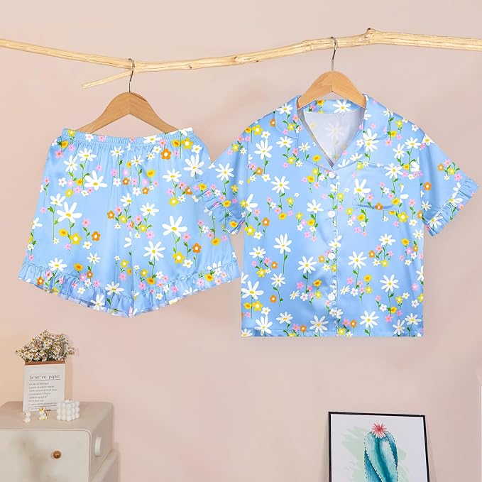 ICOSY Matching Doll & Girls Silk Pajamas Satin Pjs for Girls Button-Down Top and Shorts for 18" Doll Girl Clothes