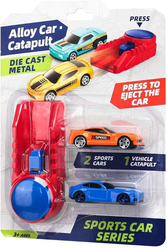 Die Cast Toy Cars with Catapult Launcher | 2 die-cast sports cars with a manual press launcher for indoor racing and vehicle-themed play.