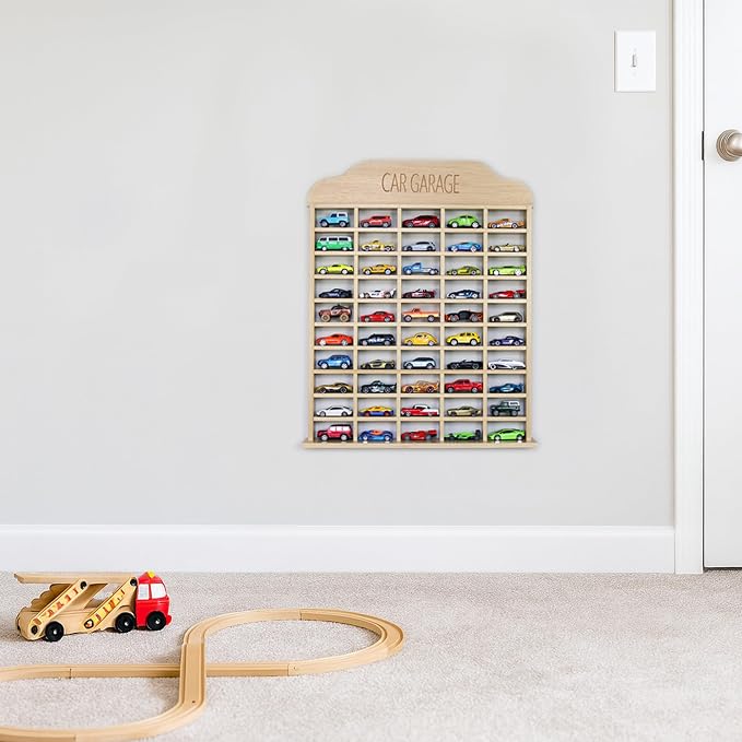 Car Garage Toy Shelf Display - Wall Mount for 1/64 Diecast Toy Cars - Wooden Wheels Shelf - Gift for Collectibles - Wall-Mounted Toy Car Storage Cabinet (50 Cars)