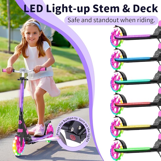 BELEEV V8 Scooters for Kids Ages 6+ with Light-Up Deck, 2 Wheel Folding Scooter for Kids, 4 Adjustable Height, Lightweight Sport Commuter Scooter, Sturdy Frame