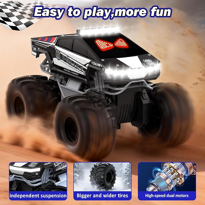 Police Remote Control Car with LED Dynamic Eyes, 1:18 Amphibious RC Cars, 4WD All Terrain Pickup, 2.4GHz Waterproof Cyber Truck, 360° Rotatable Monster Truck Toys for Boys Birthday Gifts Age 6 7 8 9+
