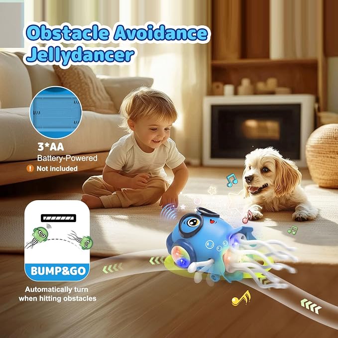 Kids Toy Dancing Jellyfish, Interactive Crawling Jellyfish Bump and Go Toy with Music & Lights, Sensory Tummy Time Toys for Toddlers 3-12 Years, Kids Birthday Easter Gifts for Boys Grils