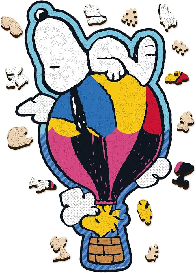 Peanuts Puzzles for Adults – Wooden Puzzles Gifts for Snoopy Lovers, 200 Pieces Unique Shaped Woodstock Jigsaw Puzzles, 5MM Thick, Officially Licensed Merchandise – Balloon Ride, 8.9" x 15.7"