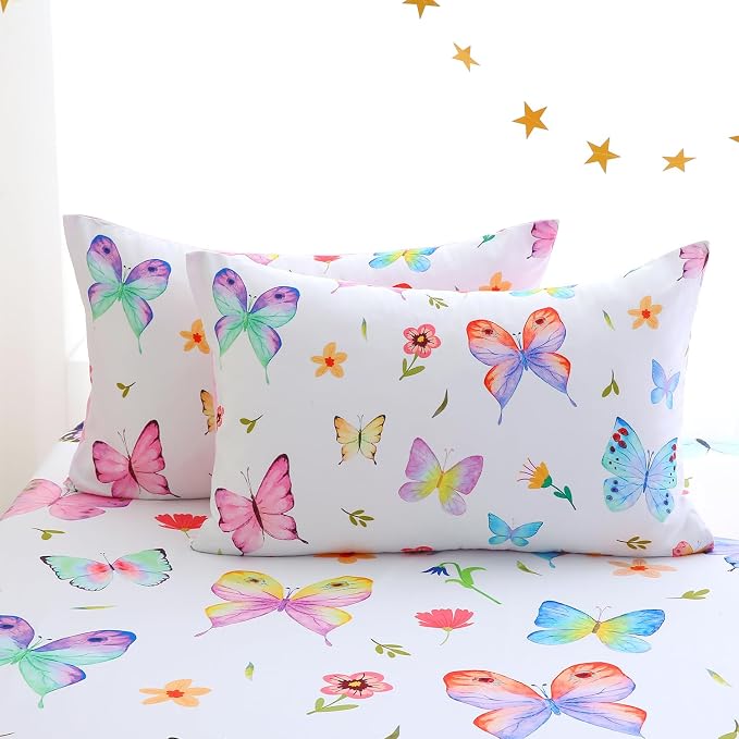 Wajade 7 Piece Butterfly Comforter Set for Girls Kids Cute Colorful Butterfly Flowers Floral Bedding Set Full Size with Sheet and 2 Pillowcases 2 Pillow Shams Bed in a Bag as Birthday Choice