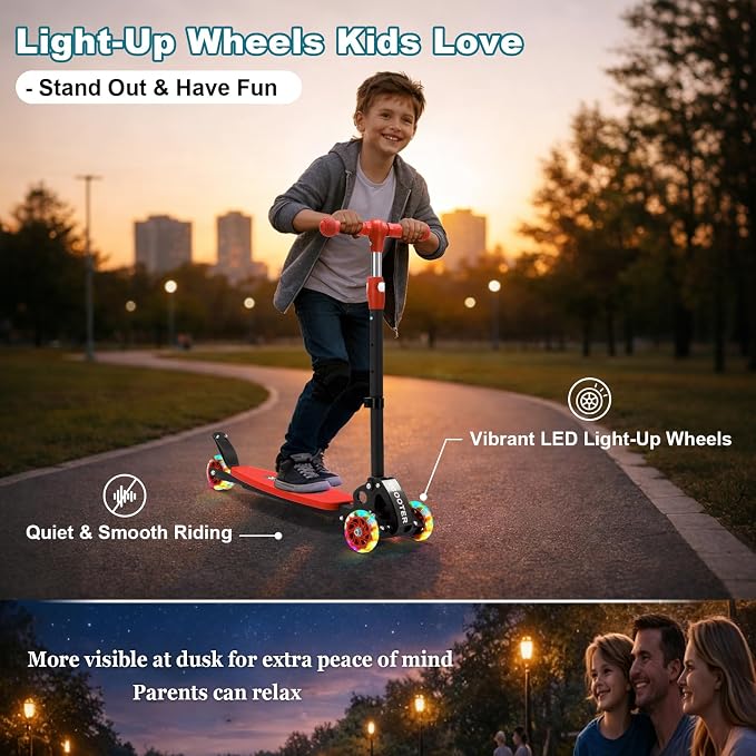 3 Wheel Kids Kick Scooter for Ages 3-12, Lean-to-Steer, Light-Up Wheels, 3-Level Adjustable Handlebar 27.5”-33”, Wide Non-Slip Deck, Dual Rear Brake,Travel Foldable, for Boys & Girls Toy Gifts