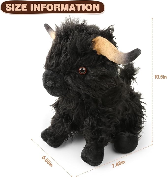 Highland Cow Stuffed Animal,10.5 inches Realistic Cow Plush Toy,Animal Cattle Plush Farm Toy,Farm Plushie Christmas Birthday Present for Boys Girls Kids Grandchildren (Black)