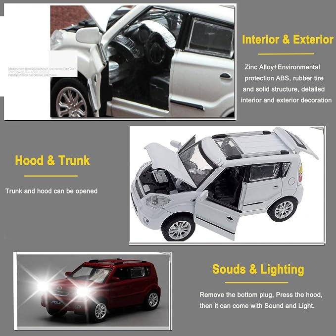 Toy Cars Diecast Car Models Soul Hatchback Model Cars,Pull Back Cars,Boxy Car Toy with Sound and Light for 3+ Year Old Boys(White)
