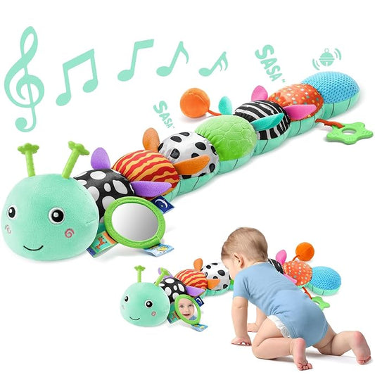 Sumobaby Baby Toys 0-6 6-12 Months, Music Caterpillar Plush Toy with Baby Mirror, Pull String&Crinkle Rattle,Infant Teething Toys,Tummy Time for 0-3-6-12 Month Boys Girls Newborn Gifts (Blue-Leaf)
