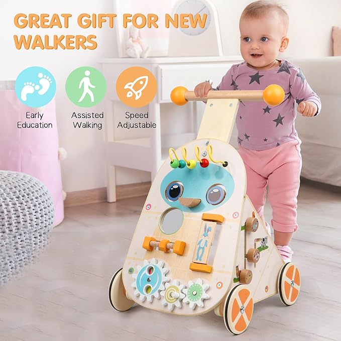 Wooden Baby Walker, Adjustable Speed Baby Push and Pull Learning Activity Walker, Wooden Push Walker Activity Center Toy with 7 Educational Activities, Learning & Walking Toy for Boys Girls