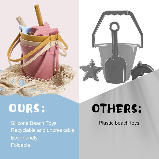 Hungdao 13 Pcs Silicone Beach Toys Travel Beach Set Sand Toys Including 3 Silicone Buckets 3 Shovels 6 Sea Creature Sand Molds 1 Bag for Kids Boys Girls Summer Pool Outdoor Bath(Pink White Yellow)