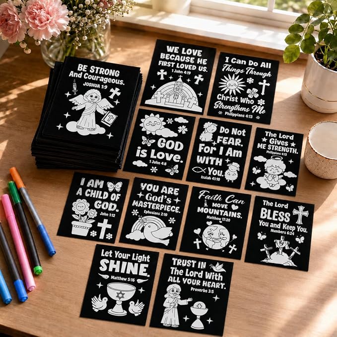 Cinrobiye 48 Pcs Velvet Coloring Posters Bible Fuzzy Posters to Color Bulk Felt Religious Inspirational Coloring Page Craft for Christian Party Favors Gift Prizes Sunday School Church Activities