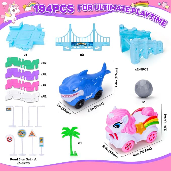 Race Track Toys for 3 4 5 Year Old Girls Gifts: Unicorn & Shark 194PCS Flexible Racetrack for Kids Ages 4-8 | Monster Truck Car Toys for Toddlers 3-6 | Magic Tracks Toddler Girls Toys Age 6-8