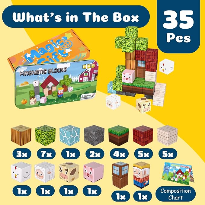 OAR Magnetic Blocks for Kids Ages 3-8 – 35 PCS Mini Magnetic Cubes Farm Animal Building Set, Travel Toy with Portable Iron Box, STEM Magnetic Tiles Gift for Toddlers, Boys & Girls