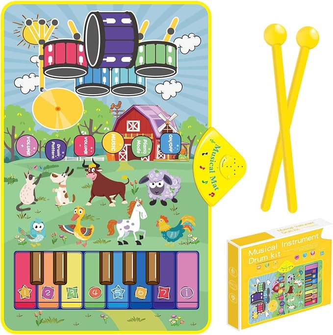 Musical Farm Animals Sounds Piano Mat for Kids, Educational Learning Toy | Sensory Interactive Floor Touch Play Mat with Drumset Dancing Keyboard Carpet for 3-12 Year Old Boy Girl Gifts
