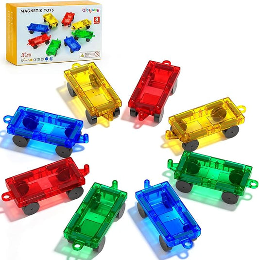 8PCS Magnetic Tiles Mini Cars Construction Set Compatible with Mini & Major Tiles, Magnet Car Easter Toys for 3+ Year Old Boys Girls Kids,STEM Educational Portable Travel Toys for Airplane,Car Play