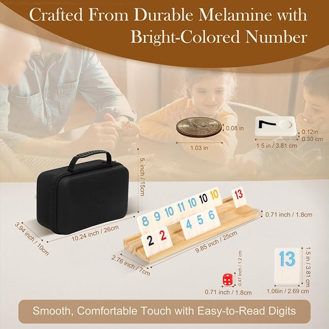 Soopotay Upgraded 2-4 Players Rummy Game, 106 Melamine Tiles, 4 Wooden Racks, Premium Portable Case, Drawstring Bags, Tile Board Games for Adults, Birthday Gifts for Men Women Dad Mom