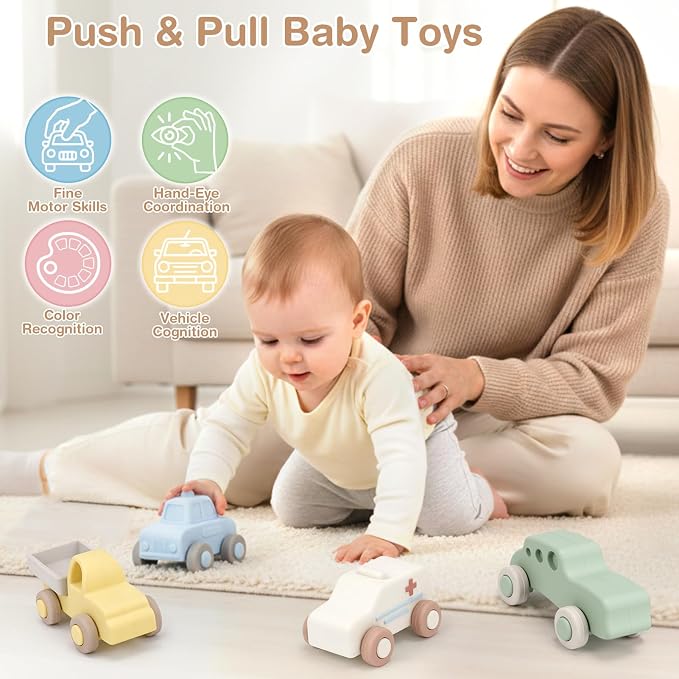 Vanplay Silicone Baby Car Toys with Storage Box - Soft Teething Toys for Babies 6-12 Months, Push & Pull Baby Toys for Toddlers, Birthday Gifts for Boys Girls（4 PCS）