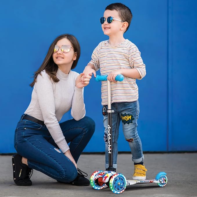 3-Wheel Kick Scooter for Kids Ages 3-8 Lean-to-Steer Toddler Scooter with Extra Wide Light Up Wheels, 4 Adjustable Heights, Foldable Scooters for Boys & Girls, Max Weight 110lbs