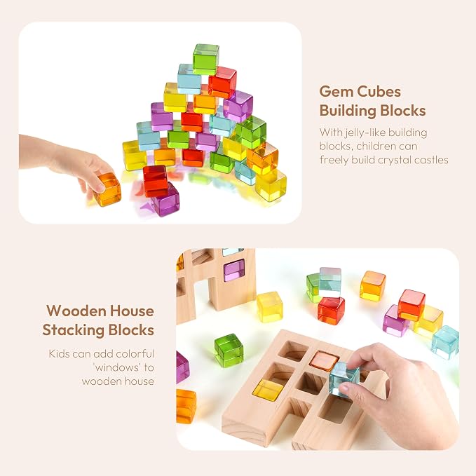 Woodtoe Wooden Building Blocks Set for Kids, 24 PCS Rainbow Gem Cubes Stacking Blocks - 2 Wood House, Montessori Stacking Toy for Toddlers, Educational STEM Sensory Birthday Toy for Boys Girls 3-6