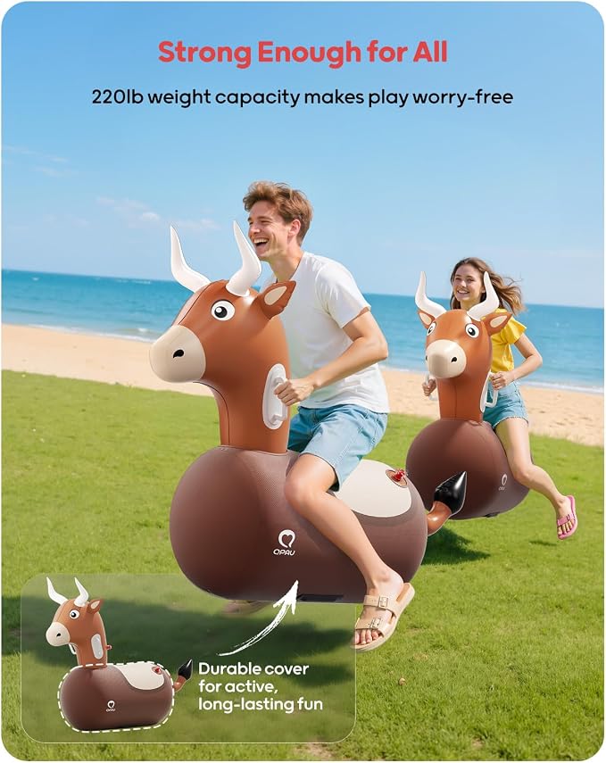 QPAU Large Inflatable Bull Hopper Bouncy Toy, 250lbs High Capacity Ride-on Animal for Kids & Adults, Soft Fabric Cover & Pump, Durable Puncture-Resistant Bouncer for Family Party Gift