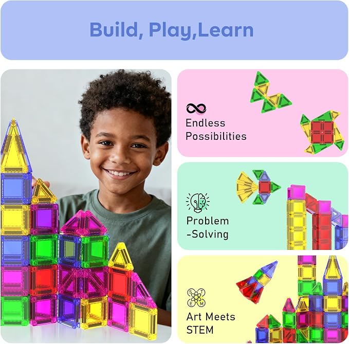 Magneverse 100 PCS Mini Magnetic Tiles - Travel Magnetic Tiles, Micro Magnet Travel Toy for Kids Ages 3+, STEM Educational Building Set Construction Toys, Boys Girls Toddlers Birthdays Gifts
