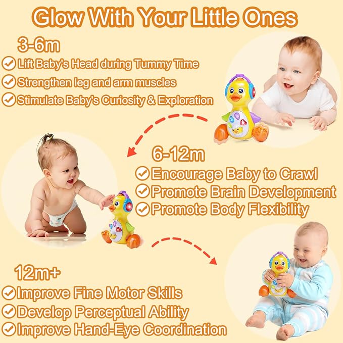 Musical Light Up Duck, Crawling Tummy Time, Educational Learning Dancing Toy for 1 Year Old, 0-3-6-12 Month Baby Infant Gifts