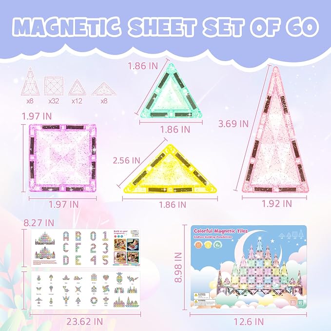 Magnetic Tiles Building Blocks for Kids Ages 3-8, Diamond Surface Travel Set with Metal Storage Box, 60PCS STEM Montessori Educational Learning Toys Gifts