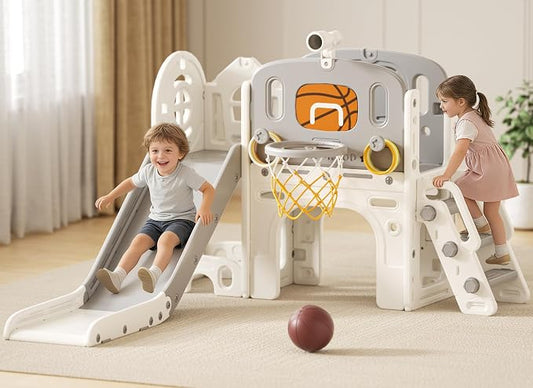 XJD 8 in 1 Toddler Slide Set, Kids Slide for Toddlers Age 1+, Climber Slide PlaySet with Basketball Hoop and Ball,Outdoor Indoor Playground for Toddlers 1-3 (Gley, Small)