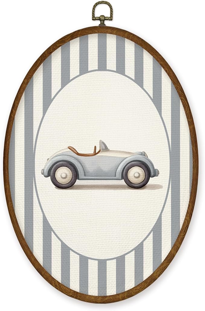 WULQYING Car Boy Nursery Wall Art Decor, Kids Oval Framed Canvas Art Prints, Neutral Blue Striped Car Vehicle Wall Hanging Decor for Kids Boy Nursery Room Bedroom Playroom, 8.5x11.4 Inches