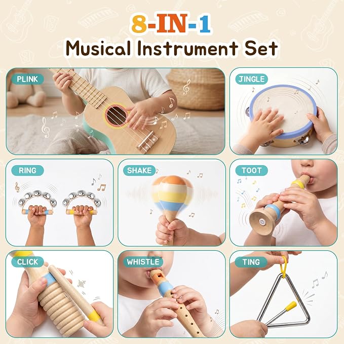Kids Guitar Set for Toddlers 1-3, 8 in 1 Wooden Montessori Musical Instruments Set with Ukulele, Tambourine, Maracas, Flute, Educational Music Toys, Preschool Learning Toy Gift for Boys Girls