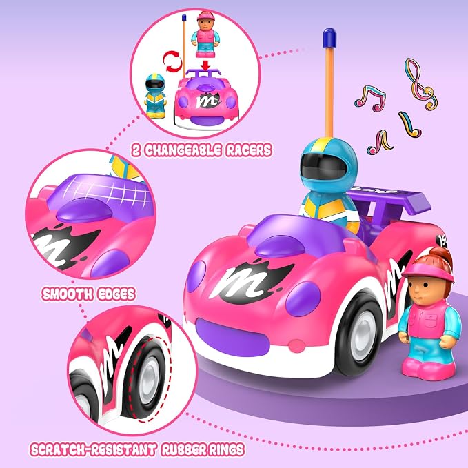 Elovien Remote Control Car for Toddlers 1-3, RC Race Toys for 3 Year Old Girl, Radio Controlled Car with Lights & Music Toys for Ages 2-4 Girls, Birthday Gift for Toddlers Baby Girls (Pink)