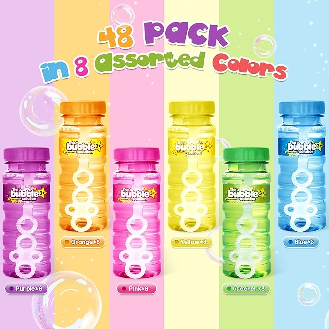 Shemira 48 Pcs Bubble Bottles with Wand, Bubble Party Favor Supply for Summer Indoor & Outdoor Activities, 4 OZ Bubble Solution Summer Toy in 6 Colors, Party Favor & Birthday Party Supplies