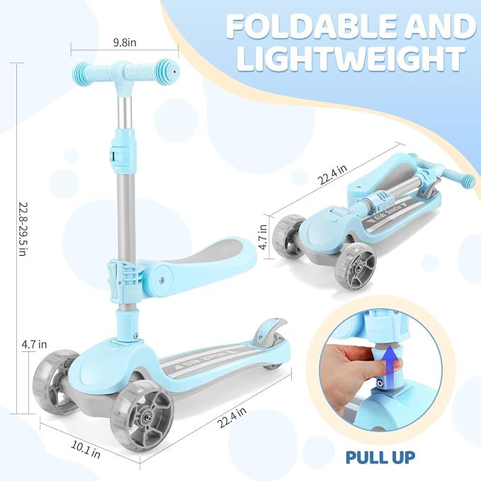 Kids Scooter with Seat, 2 in 1 Kick Toddler Scooter with LED Light-Up Wheels and Light up Deck, 4 Adjustable Heights, Lean to Steer, 3 Wheels Scooter Suitable for Boys & Girls Ages 2-8 Years