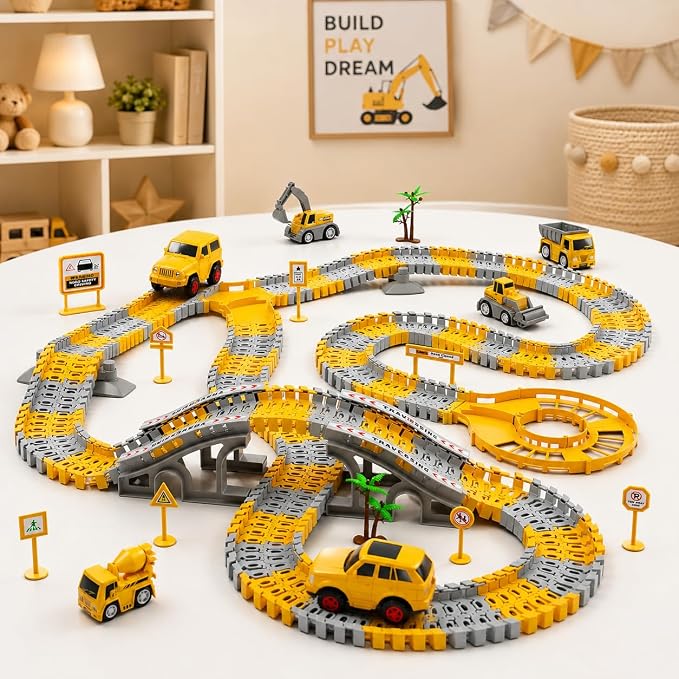 Kids Flexible Construction Race Track Set for Boys 3-5, STEM Building Toys with 2Race Cars & 4 Engineering Vehicles (Excavator, Cement Truck), DIY Car Tracks Birthday Gifts for Toddlers Ages 4-6 Years